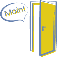 Symbol: Tür mit Sprechblase 'Moin'.