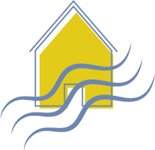 Symbol: Haus mit Wellenlinien.